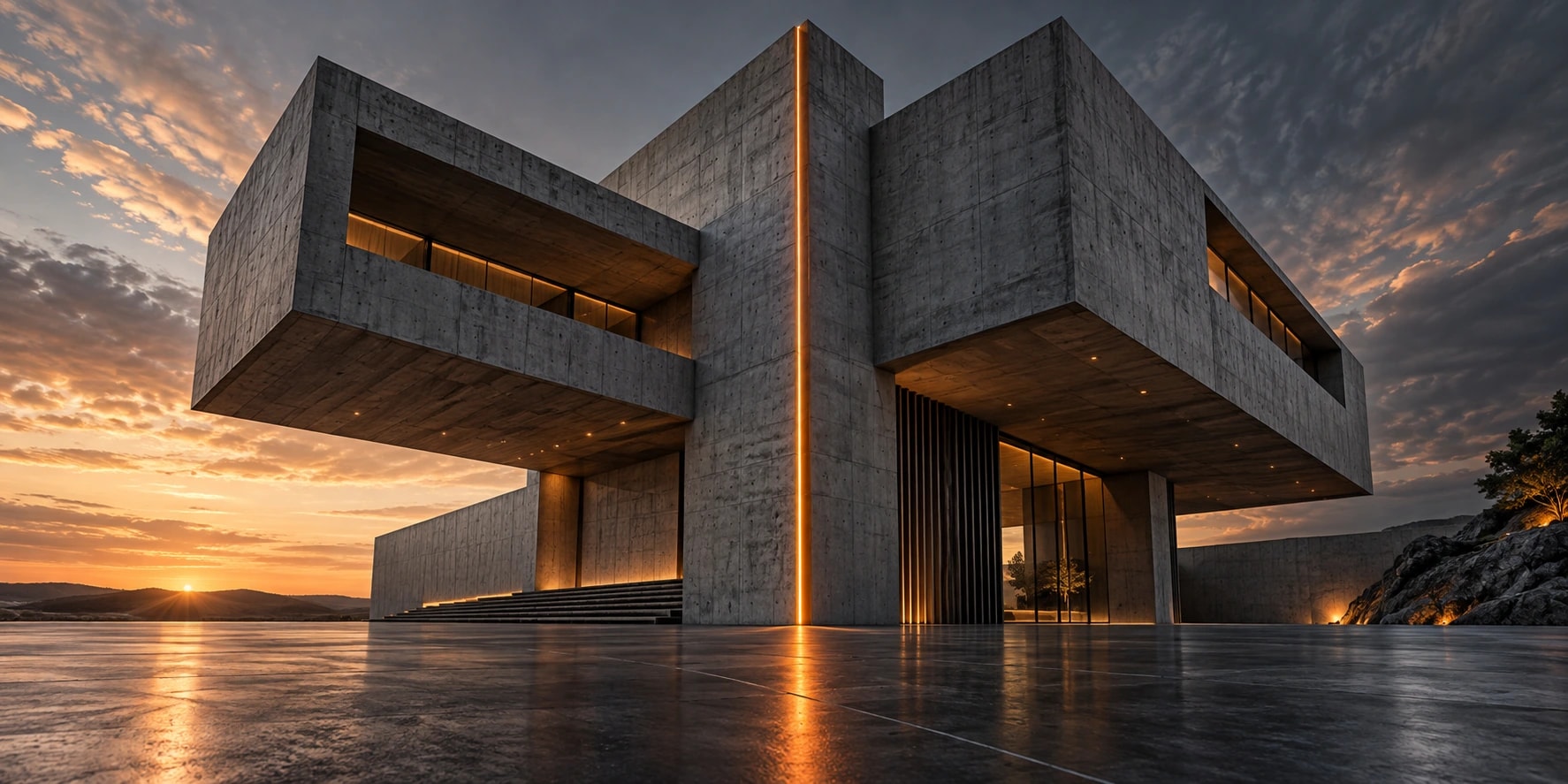 Conceito arquitetônico de uma estrutura monumental de concreto com balanços e um eixo vertical iluminado em laranja ao pôr do sol